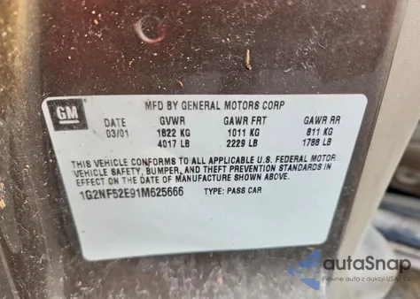 2001 Pontiac Grand Am Se1 z USA, uszkodzony, nr VIN 1G2NF52E91M625666